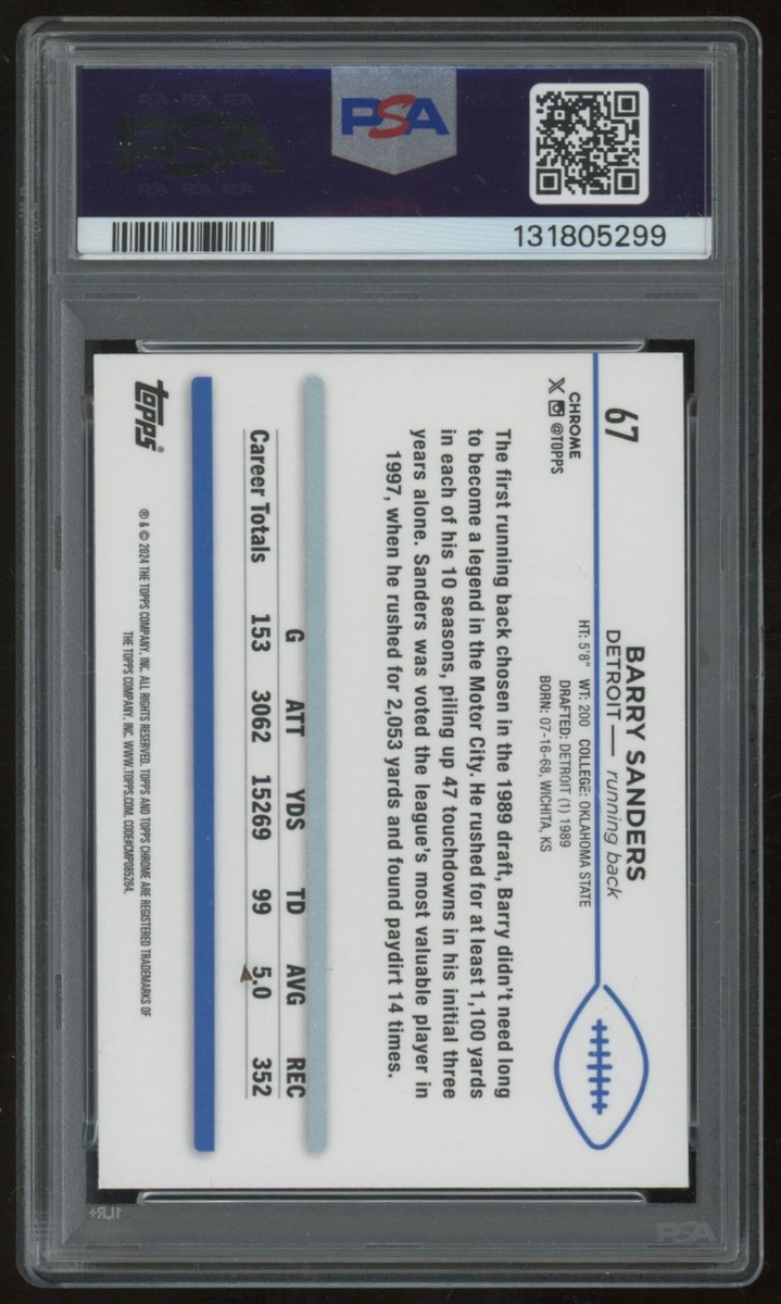BARRY SANDERS 2024 TOPPS CHROME BLUE REFRACTOR #67 107/150 PSA 10