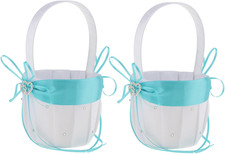 2PCS Wedding Flower Girl Baskets,White Satin Flower Storage Basket with Double H