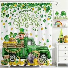 St Patricks Day Shower Curtain Gnomes Truck Green Shamrock Clover Bathroom Show