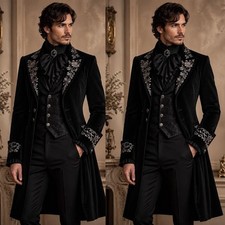 Black Velvet Men Suits Victorian Long Coat Silver Floral Embroidery Gothic Royal
