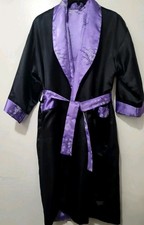 Dragon Embroidered Robe Women OS Black Purple Print Satin Kimono Reversible Belt