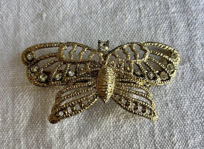 Vintage Gold Butterfly Metal Clasp Rhinestones   Old Stock Decorative Garment