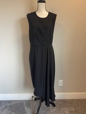 Adam Lippes Collective Black Side Drape Coctail Party Midi Dress Size 12