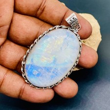 Large Oval Natural Rainbow Moonstone 925 Sterling Silver Handmade Boho Pendant