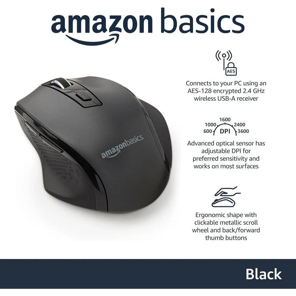 Amazon Basics Wireless Mouse Ergonomic 2.4GHz Optical DPI Adjustable Black - Image 2 of 4