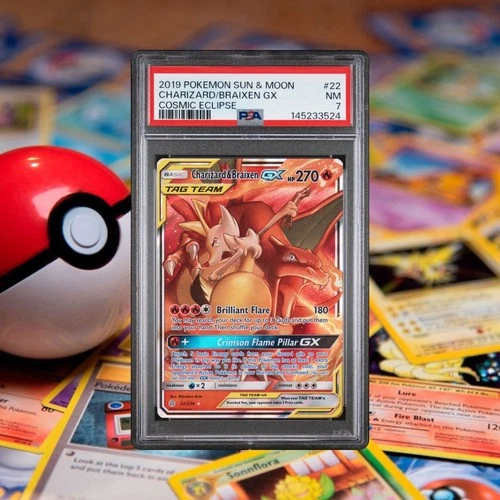 2019 POKEMON SUN & MOON CHARIZARD & BRAIXEN GX 22/236 COSMIC ECLIPSE PSA 7