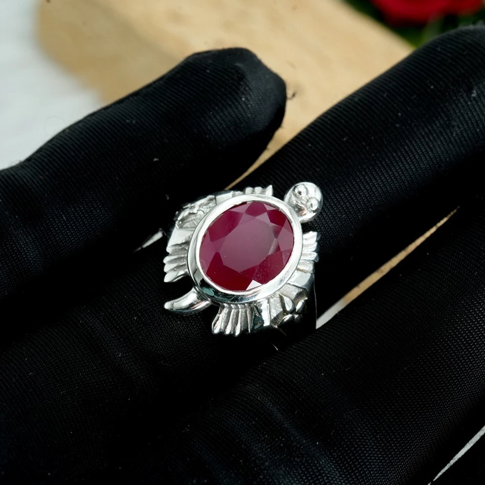 Anel masculino de prata esterlina rubi natural pedra preciosa feito à mão joias de rubi para presente - Imagem 3 de 4