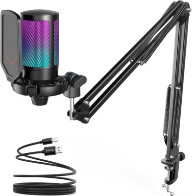 FIFINE AmpliGame A6T PC USB Gaming Microphone, Podcast Mic w/ Boom Arm