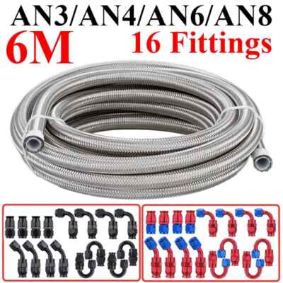19.6FT/6M 3AN 4AN 6AN 8AN E85 Stainless Steel PTFE Fuel Hose Oil Line 16 Fitting