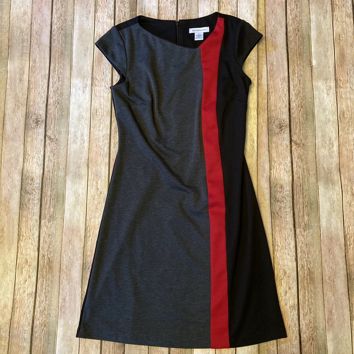 liz claiborne casual dresses Liz Claiborne Women's Career Black Gray Red Sheath Dress Size 4 Cap Sleeve  Zip