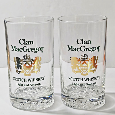 Lot of 2 Clan MacGregor Scotch Whiskey Glasses Gold Black Logo Pebble Bt 5'' Tall