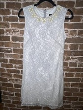 NWT ADRIANNA PAPELL GRAY SILVER LACE COCKTAIL DRESS WOMENS SIZE 8  BEADED NECKLI