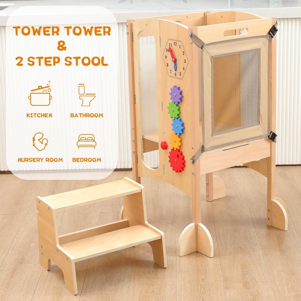 JUZBOT Toddler Tower, Foldable Toddler Kitchen Stool Helper with 2 Step