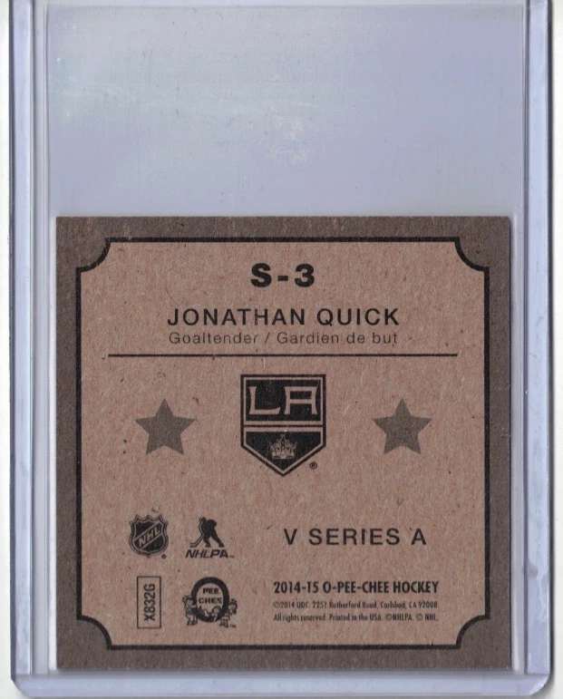 JONATHAN QUICK 14/15 OPC O-Pee-Chee V Series A Retro Insert Card #S-3 LA Kings - Image 2 of 2