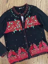 Vtg Over The Top Crazy Busy Cardinal Beaded Ugly Christmas Sweater L XL