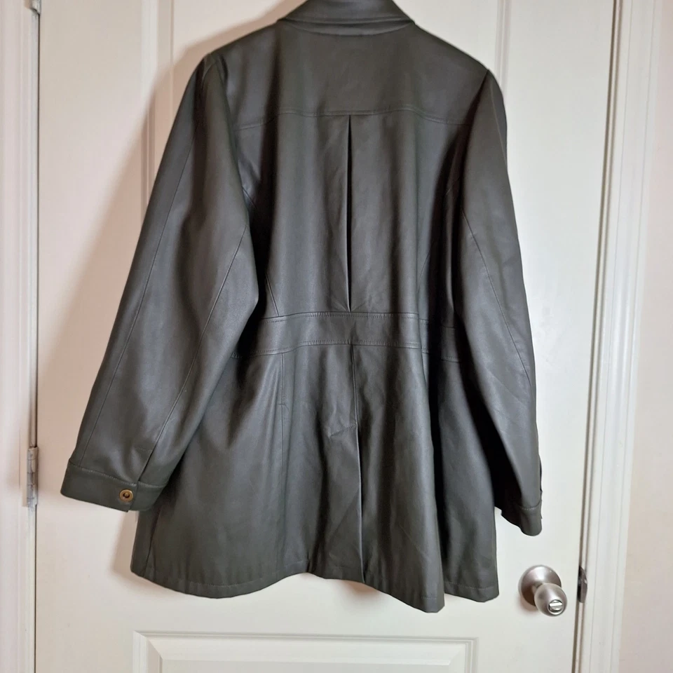 Chaqueta Abrigo Anthropologie Maeve Kellie Cuero Vegano Midi Gris Verde Talla 20W Foto 4 de 4