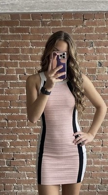 GUESS Pink White Black Colorblock Knit Stretch Bodycon Mini Dress Sleeveless M