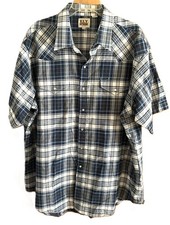 Ely Cattleman Men's XXL Pearl Snap Short Sleeve Blue Plaid Brown Accents Pockets