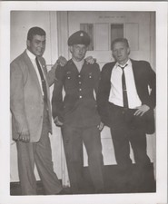 WW2 Photo of Three Men Posing With US Army Soldier at Doorway Party
