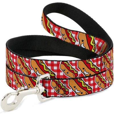 Dog Leash Hot Dogs Buffalo Plaid White/Red WIDE 1.5'' (US IMPORT)