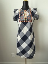 THML Buffalo Check Plaid Navy White Embroidered Sheath Dress Size Small