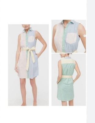 J.Crew Rainbow Color Block Stripe Shirt Dress 4 Sleeveless Pockets Belt Preppy