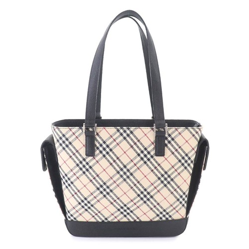 BURBERRY Plaid Hand Bag Canvas Leather Beige Black Purse 90326997