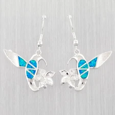 Hummingbird Plumeria Ocean Blue Fire Opal Silver Jewelry Dangle Drop Earrings