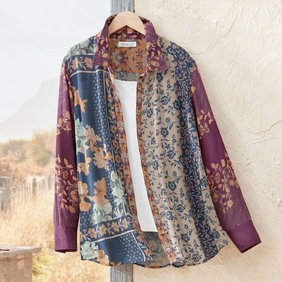 Coldwater Creek Womens Patchwork Floral Button Down Blouse Size 2X Cottagecore