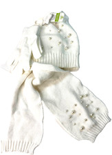 Toby Girls 7-14 Ivory Soft Knit Warm Pom Beanie Hat Gloves Scarf Faux Pearl New