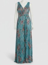 R M Richards Women's Blue Metallic Floral-Print Stretch Gown Dress Size 16