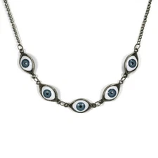 EYEBALL CHARM NECKLACE Bizarre Blue Evil Eye Pendant Bronze Tone Metal Chain