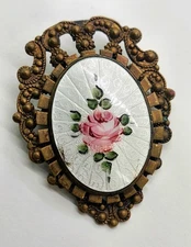 Vtg Oval Brooch Guilloche Enamel Pink Rose Brass Victorian Revival 2 1/4" High