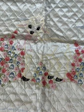 Vintage Hand Embroidered Silky  Crib Blanket  Light Blue with Lamb 