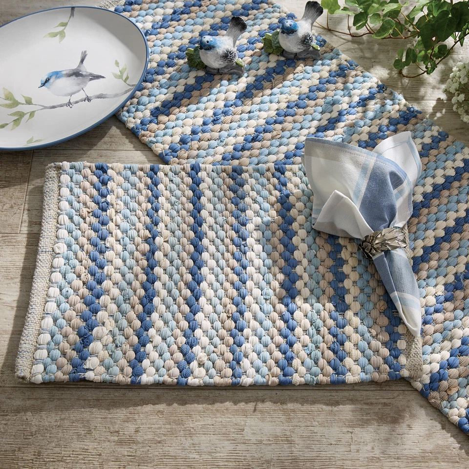 Aviary Cream Blue Chindi Heavy Woven Cotton Country Table Runner - Image 2 of 3