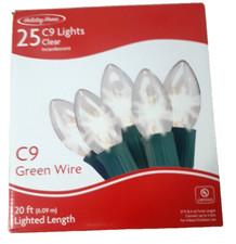 NEW NIB Holiday Home 25 C9 Lights Clear Green Wire Christmas String 20 Ft