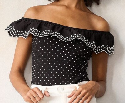 NWT LC LAUREN CONRAD S BLACK WHITE RIBBED POLKA DOT FLORAL EYE RUFFLE BODYSUIT