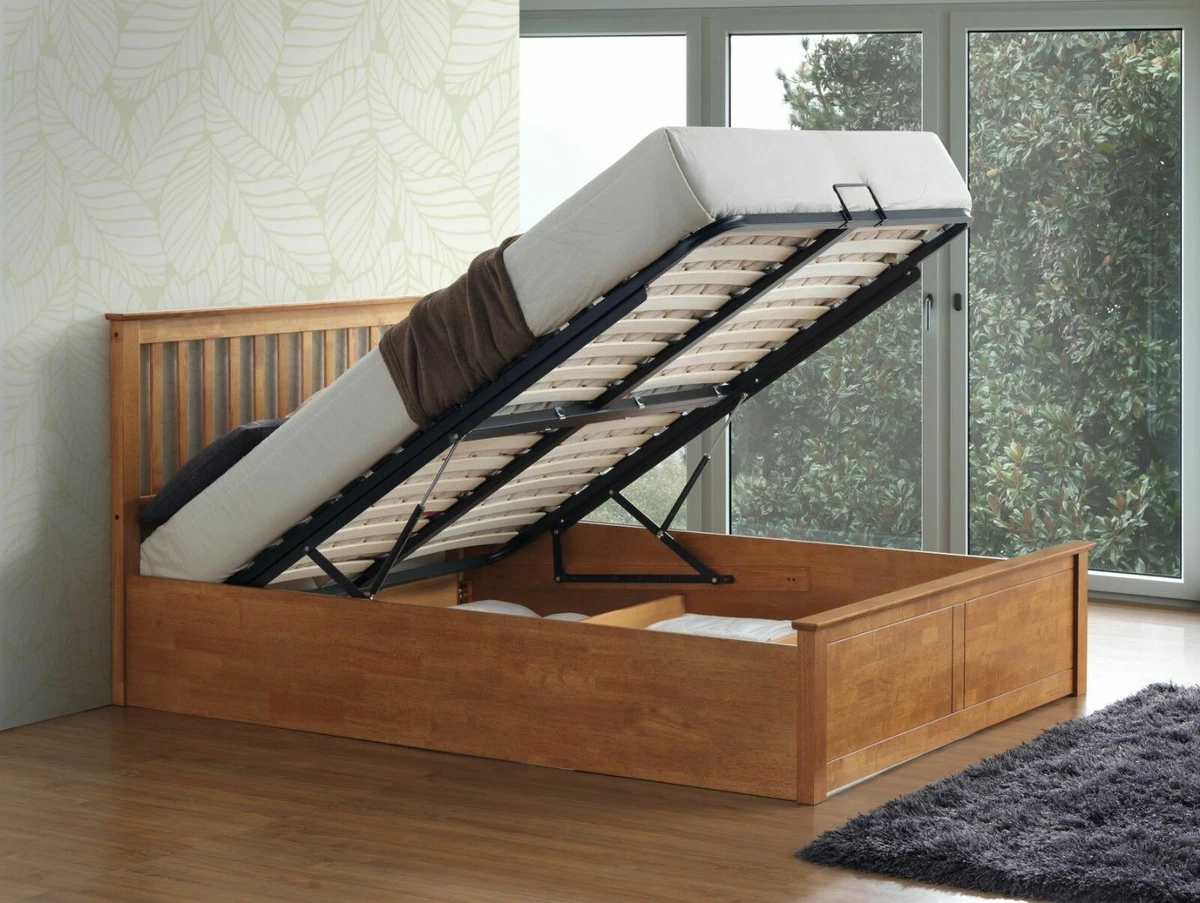 Melbourne Oak Wooden Ottoman Storage Bed 4ft6 Double Bed and 5ft