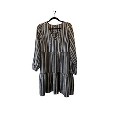 Old Navy Striped Blue White Lace Up Neck Tiered Long Sleeve Dress Womens Size M