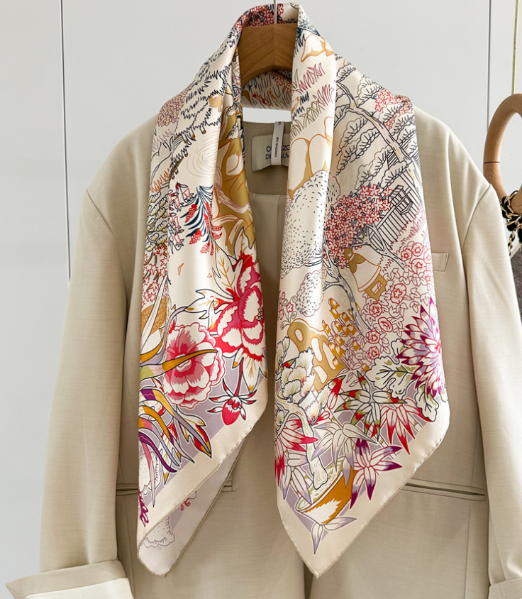 100% Silk 14 Momme Twill Scarf 90X90CM Women's courtyard Printed Scarf NEW ﻿