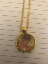 Retro 1950s Brunette Mermaid Gold Small Round Pendant Necklace