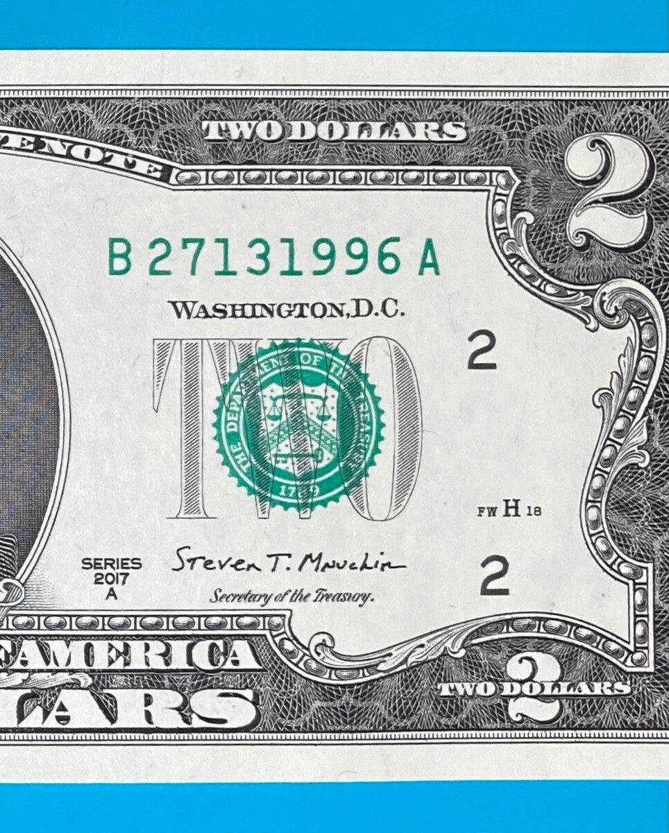 B 2713 1996 A : TRAILING YEAR 1996 $2 Two Dollar Bill Serial