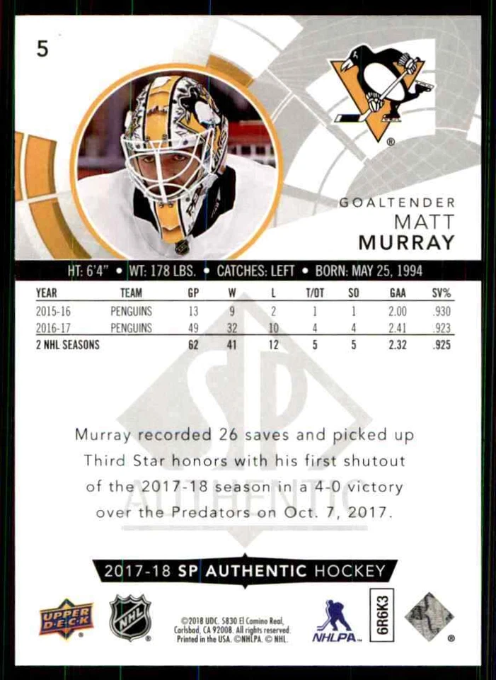 2017-18 Upper Deck SP Authentic Matt Murray #5 - Image 2 of 2