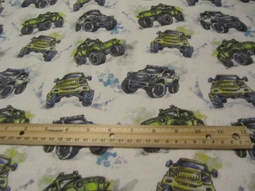 2 Yards Gray With Yellow/Blue Monster Truck Flannel Fabric