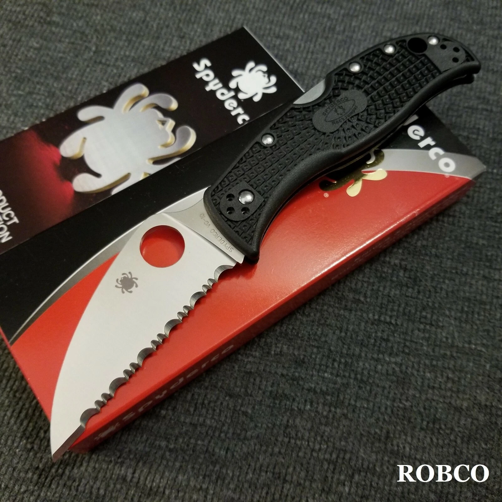 Spyderco RockJumper VG-10 Satin Serrated Blade Black FRN Handles C254SBK