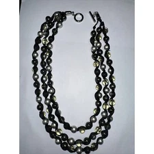 Multi Strand Statement Ribbon Necklace with Silver Black Clear Glass Beads 22"