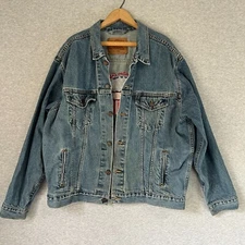 Vintage 90s Levis Denim Trucker Jacket Mens XL American Patch Patriotic 1996 USA