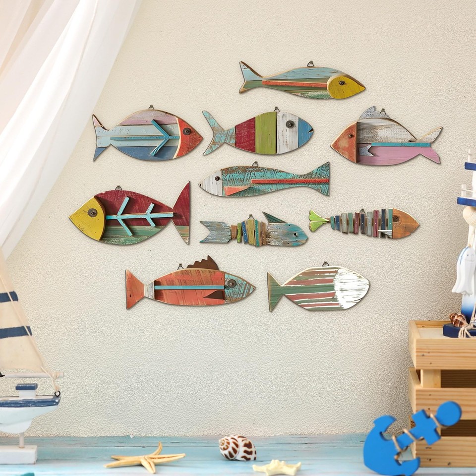 Fish Wall Design 10 Pcs Wooden Fish Wall Decor Wood School of Fish Coastal Wall Decor | eBay