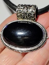 Chico’s Silver Tone Black Faux Onyx Pendant Statement Necklace 18" + Extender