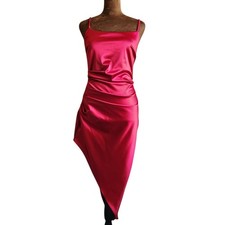 Windsor Samantha Formal Satin Midi Dress Red Asymmetrical Hem Size M Ruched